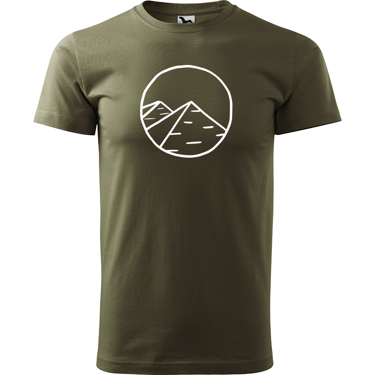 Ručně malované pánské triko Heavy New - Pyramidy Velikost trička: L, Barva trička: ARMY, Barva motivu: BÍLÁ