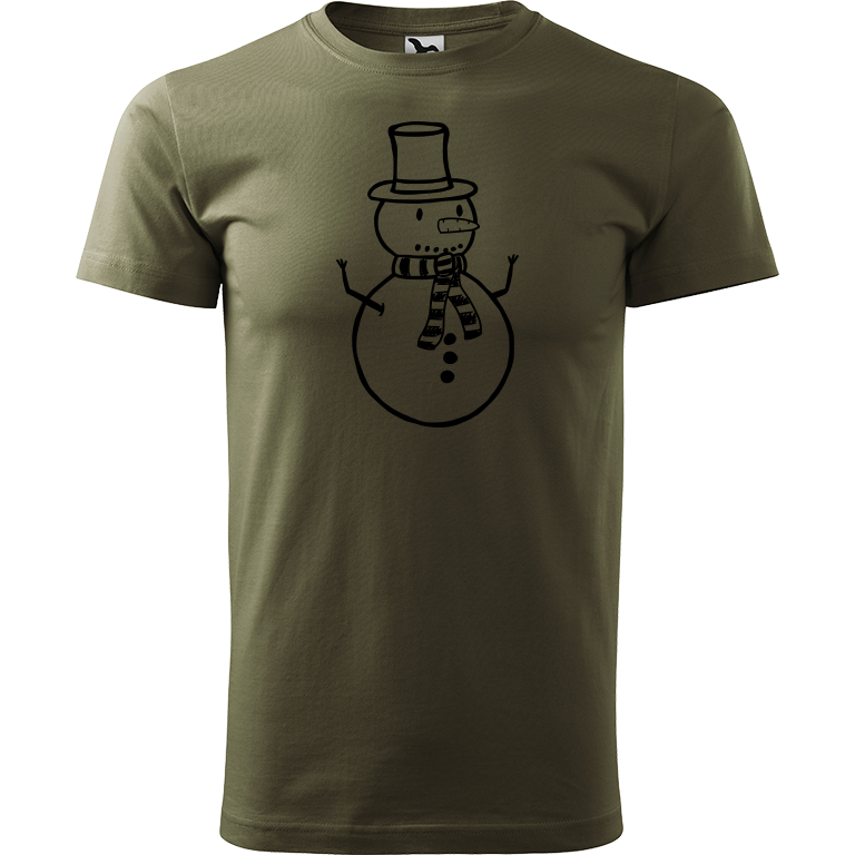 Ručně malované pánské triko Heavy New - Sněhulák Velikost trička: M, Barva trička: ARMY, Barva motivu: ČERNÁ