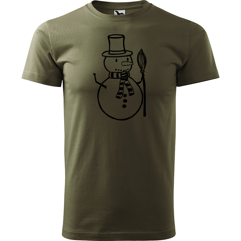Ručně malované pánské triko Heavy New - Sněhulák s koštětem Velikost trička: XS, Barva trička: ARMY, Barva motivu: ČERNÁ