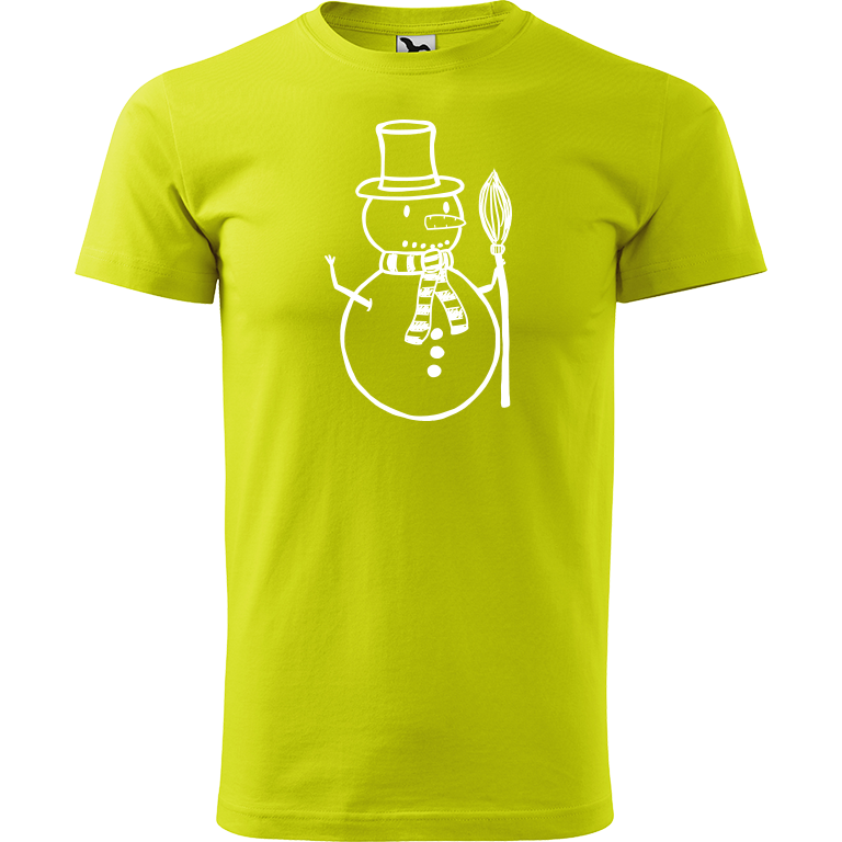 Ručně malované pánské triko Heavy New - Sněhulák s koštětem Velikost trička: XXL, Barva trička: LIMETKOVÁ, Barva motivu: BÍLÁ