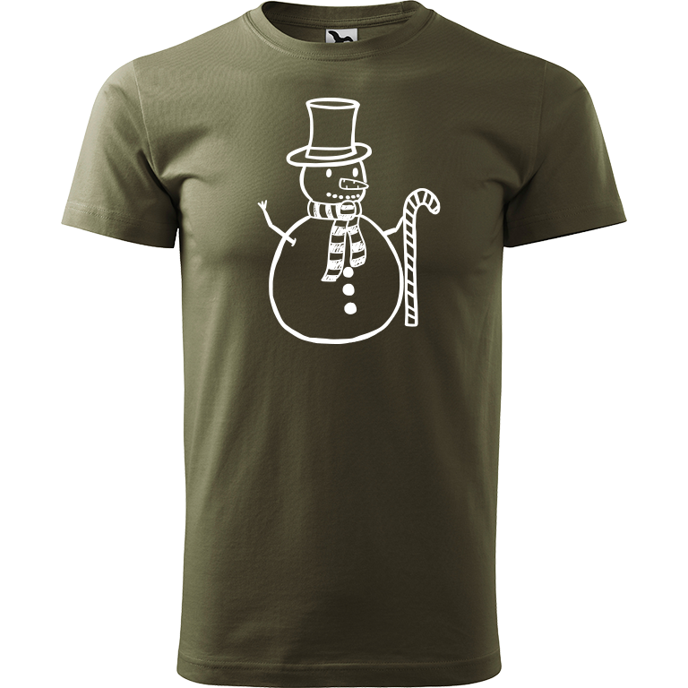 Ručně malované pánské triko Heavy New - Sněhulák s ozdobou Velikost trička: XL, Barva trička: ARMY, Barva motivu: BÍLÁ