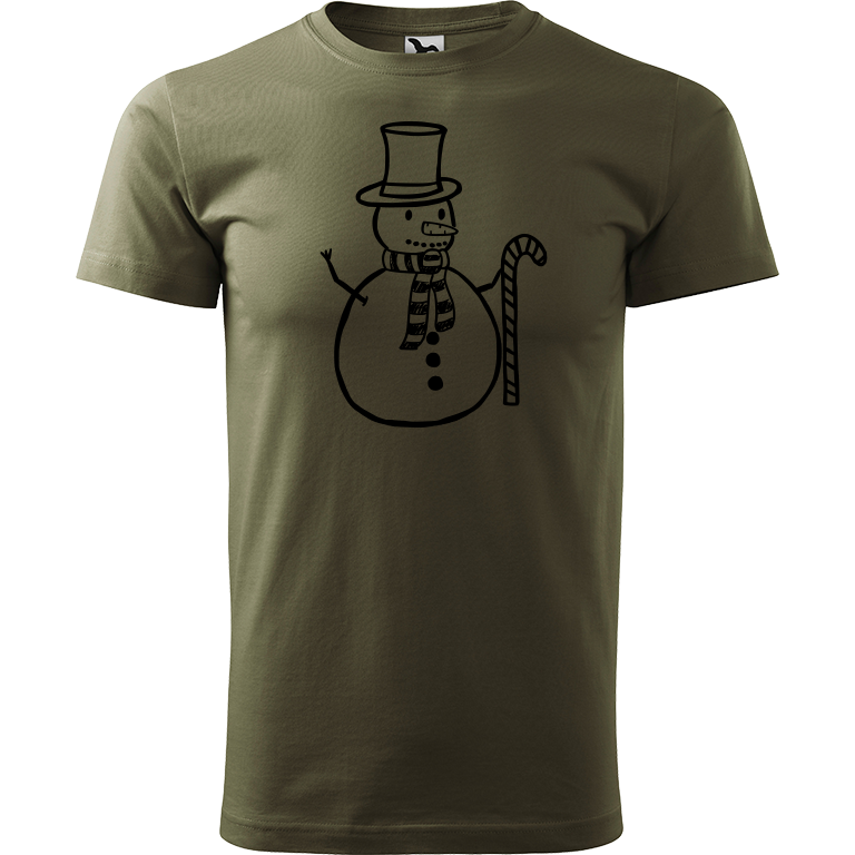Ručně malované pánské triko Heavy New - Sněhulák s ozdobou Velikost trička: XS, Barva trička: ARMY, Barva motivu: ČERNÁ