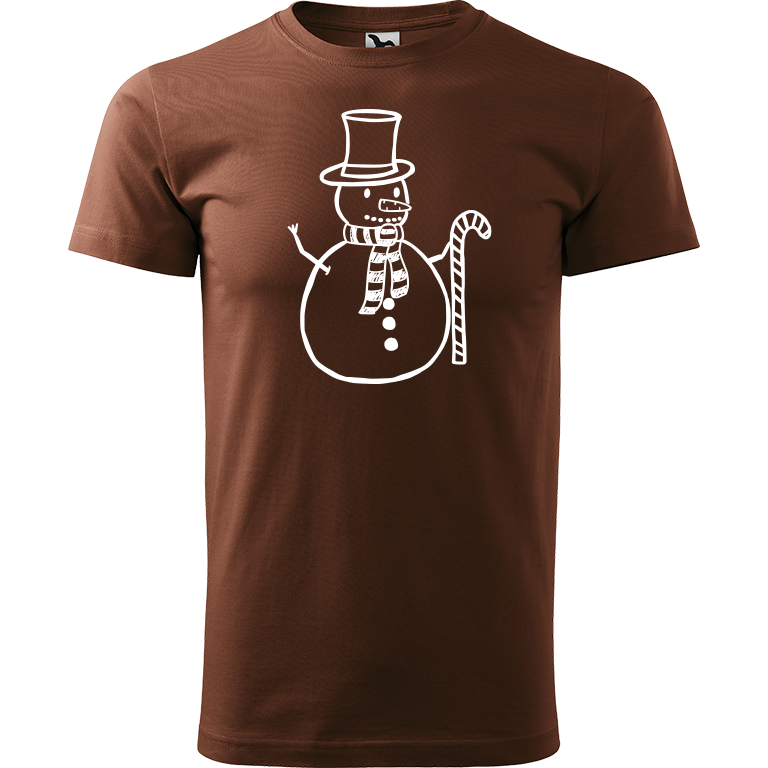 Ručně malované pánské triko Heavy New - Sněhulák s ozdobou Velikost trička: XS, Barva trička: ČOKOLÁDOVÁ, Barva motivu: BÍLÁ