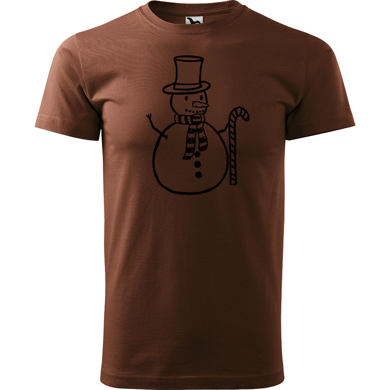 Ručně malované pánské triko Heavy New - Sněhulák s ozdobou Velikost trička: XS, Barva trička: ČOKOLÁDOVÁ, Barva motivu: ČERNÁ