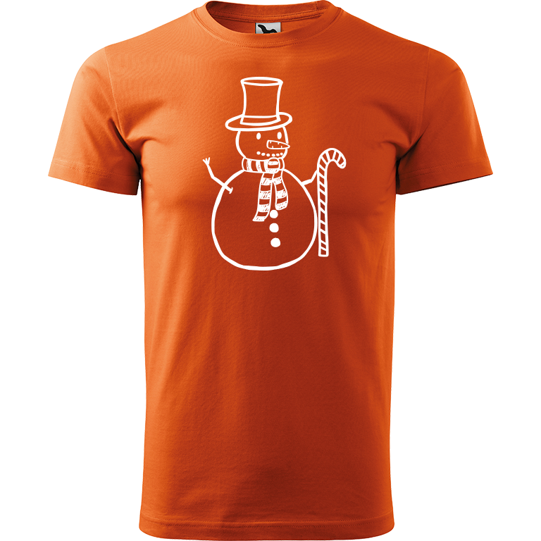 Ručně malované pánské triko Heavy New - Sněhulák s ozdobou Velikost trička: XS, Barva trička: ORANŽOVÁ, Barva motivu: BÍLÁ