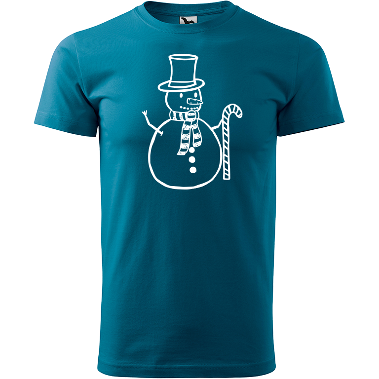 Ručně malované pánské triko Heavy New - Sněhulák s ozdobou Velikost trička: L, Barva trička: PETROLEJOVÁ, Barva motivu: BÍLÁ