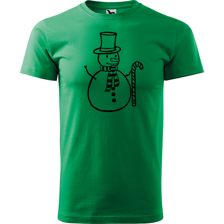 Ručně malované pánské triko Heavy New - Sněhulák s ozdobou Velikost trička: S, Barva trička: STŘEDNĚ ZELENÁ, Barva motivu: ČERNÁ