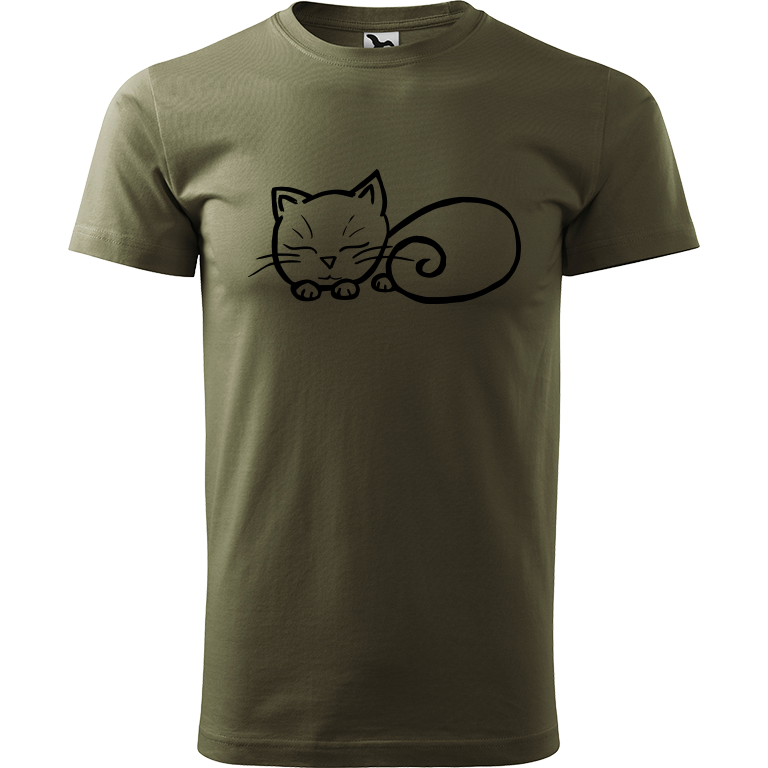 Ručně malované pánské triko Heavy New - Spící kotě Velikost trička: S, Barva trička: ARMY, Barva motivu: ČERNÁ