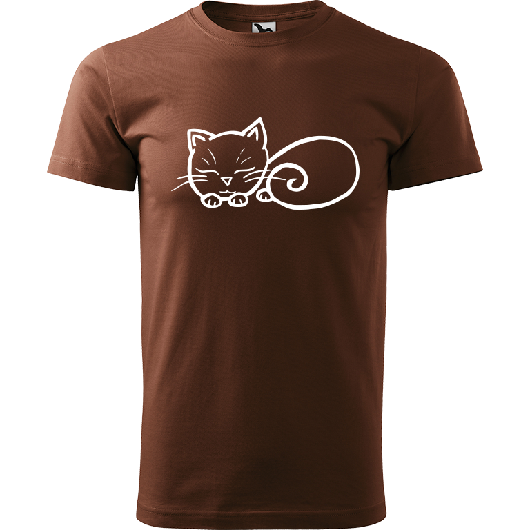 Ručně malované pánské triko Heavy New - Spící kotě Velikost trička: S, Barva trička: ČOKOLÁDOVÁ, Barva motivu: BÍLÁ