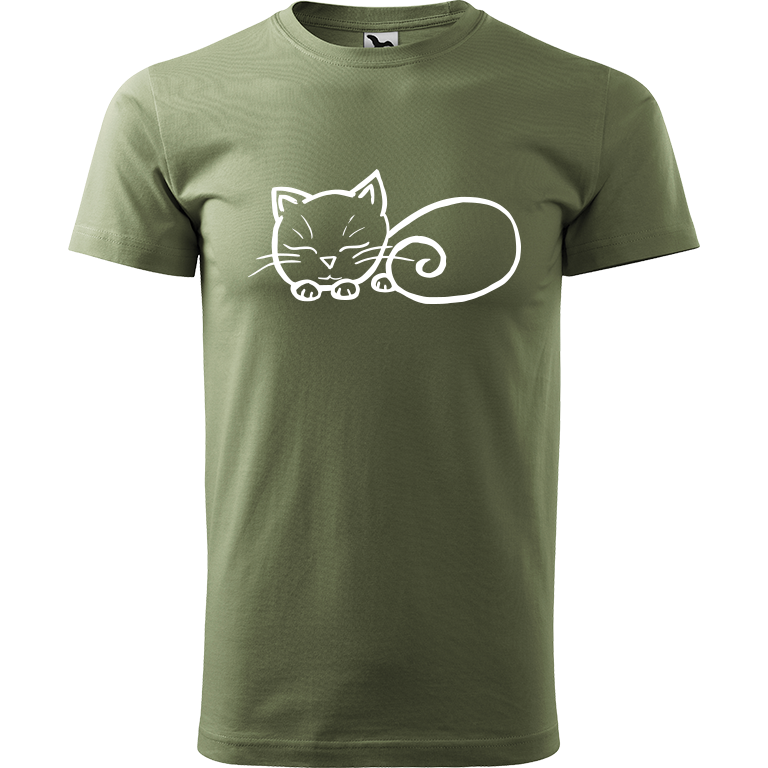 Ručně malované pánské triko Heavy New - Spící kotě Velikost trička: XS, Barva trička: KHAKI, Barva motivu: BÍLÁ