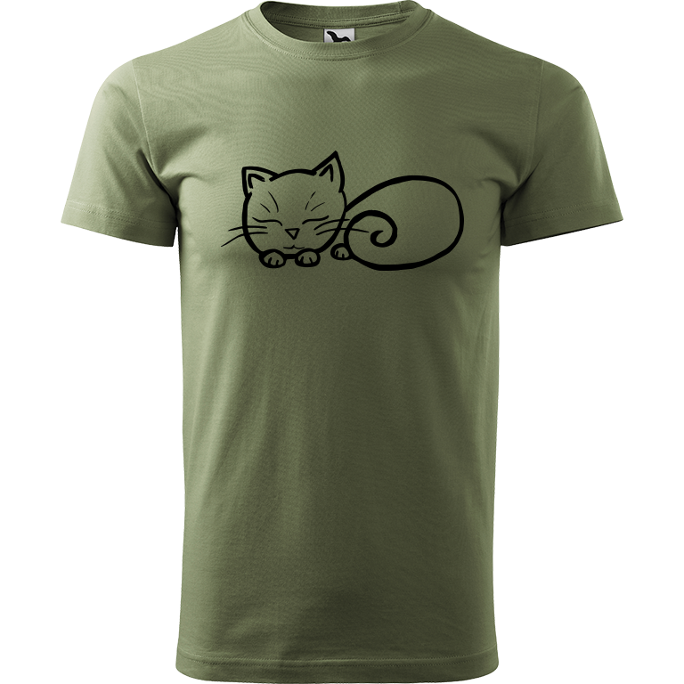 Ručně malované pánské triko Heavy New - Spící kotě Velikost trička: XS, Barva trička: KHAKI, Barva motivu: ČERNÁ