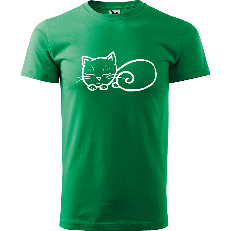 Ručně malované pánské triko Heavy New - Spící kotě Velikost trička: XL, Barva trička: STŘEDNĚ ZELENÁ, Barva motivu: BÍLÁ