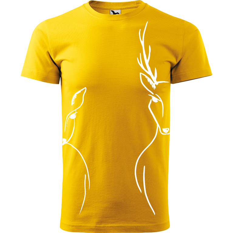 Ručně malované pánské triko Heavy New - Srnka & Jelen - Na bocích Velikost trička: L, Barva trička: ŽLUTÁ, Barva motivu: BÍLÁ