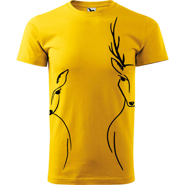 Ručně malované pánské triko Heavy New - Srnka & Jelen - Na bocích Velikost trička: XS, Barva trička: ŽLUTÁ, Barva motivu: ČERNÁ