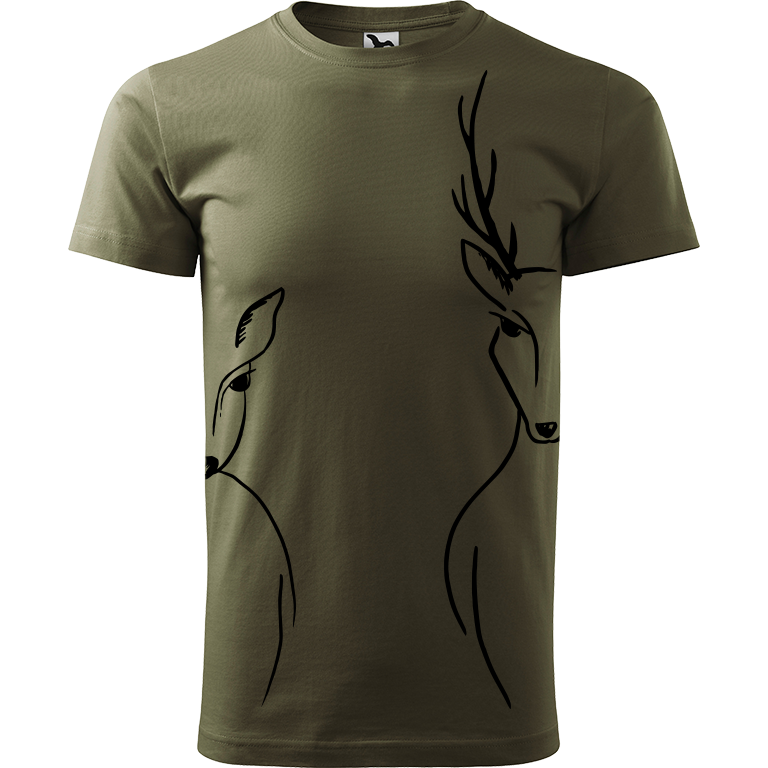 Ručně malované pánské triko Heavy New - Srnka & Jelen - Na bocích Velikost trička: XS, Barva trička: ARMY, Barva motivu: ČERNÁ