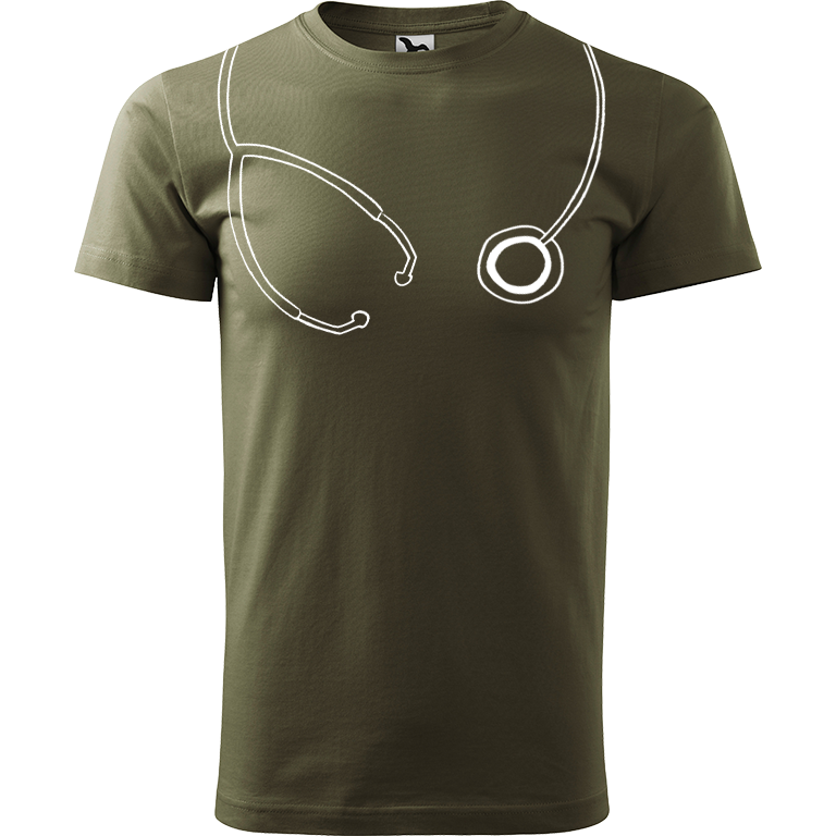 Ručně malované pánské triko Heavy New - Stetoskop Velikost trička: S, Barva trička: ARMY, Barva motivu: BÍLÁ