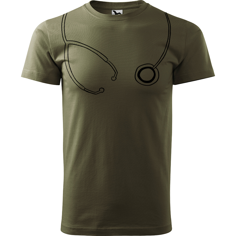 Ručně malované pánské triko Heavy New - Stetoskop Velikost trička: XL, Barva trička: ARMY, Barva motivu: ČERNÁ