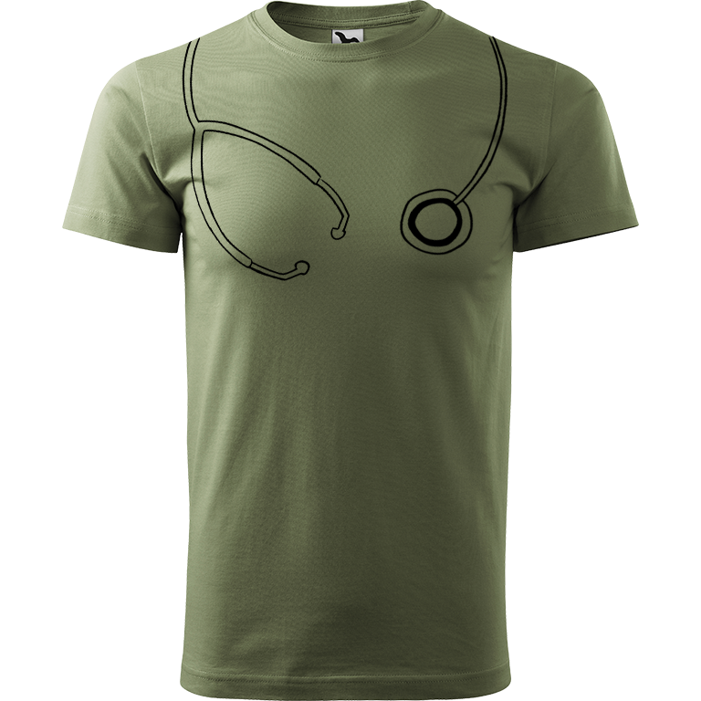 Ručně malované pánské triko Heavy New - Stetoskop Velikost trička: L, Barva trička: KHAKI, Barva motivu: ČERNÁ