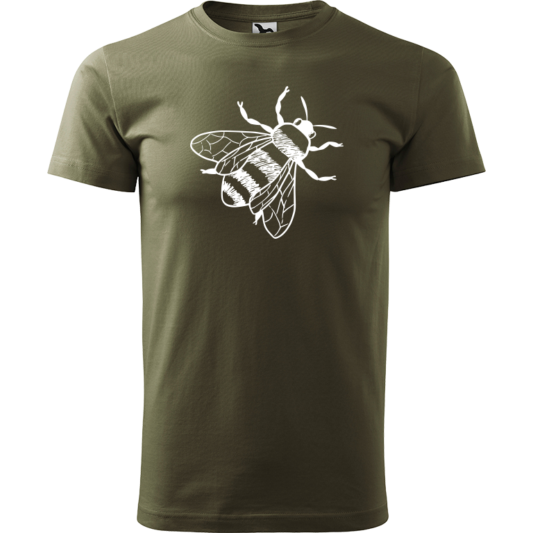 Ručně malované pánské triko Heavy New - Včela Velikost trička: L, Barva trička: ARMY, Barva motivu: BÍLÁ