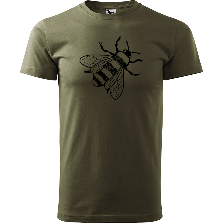Ručně malované pánské triko Heavy New - Včela Velikost trička: L, Barva trička: ARMY, Barva motivu: ČERNÁ