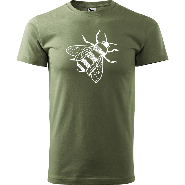 Ručně malované pánské triko Heavy New - Včela Velikost trička: XL, Barva trička: KHAKI, Barva motivu: BÍLÁ