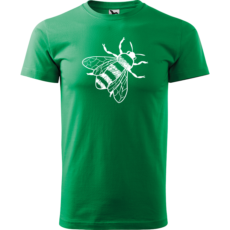 Ručně malované pánské triko Heavy New - Včela Velikost trička: S, Barva trička: STŘEDNĚ ZELENÁ, Barva motivu: BÍLÁ
