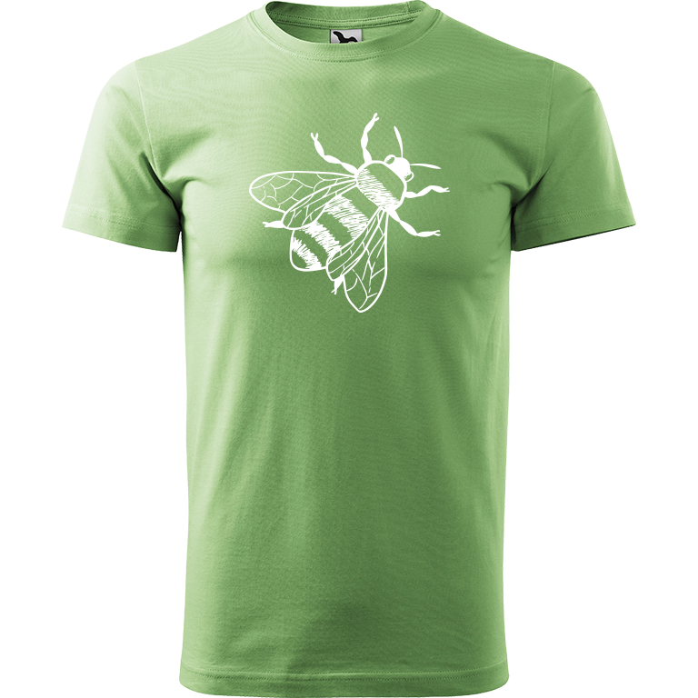 Ručně malované pánské triko Heavy New - Včela Velikost trička: XS, Barva trička: TRÁVOVĚ ZELENÁ, Barva motivu: BÍLÁ