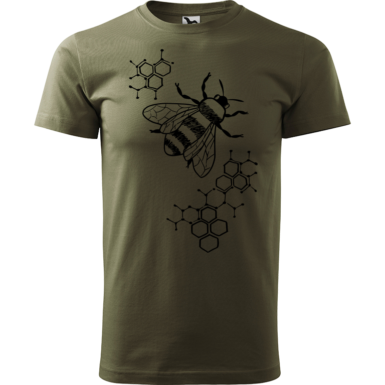 Ručně malované pánské triko Heavy New - Včela s plástvemi Velikost trička: XL, Barva trička: ARMY, Barva motivu: ČERNÁ
