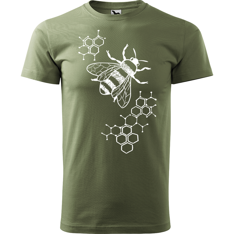Ručně malované pánské triko Heavy New - Včela s plástvemi Velikost trička: XS, Barva trička: KHAKI, Barva motivu: BÍLÁ