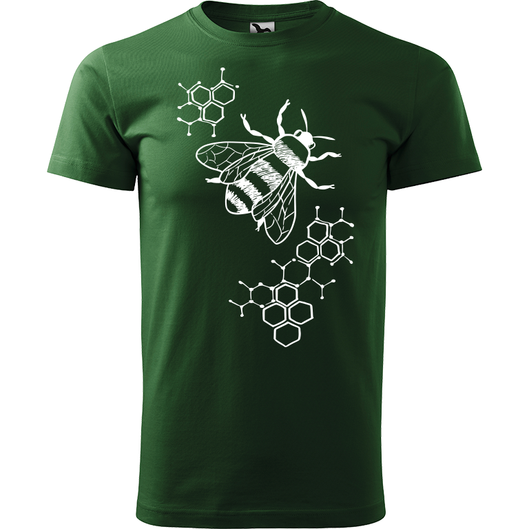 Ručně malované pánské triko Heavy New - Včela s plástvemi Velikost trička: XS, Barva trička: TMAVĚ ZELENÁ, Barva motivu: BÍLÁ