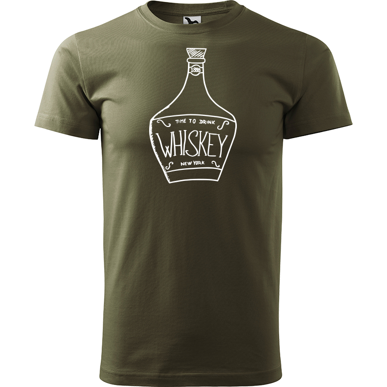 Ručně malované pánské triko Heavy New - Whiskey Velikost trička: S, Barva trička: ARMY, Barva motivu: BÍLÁ