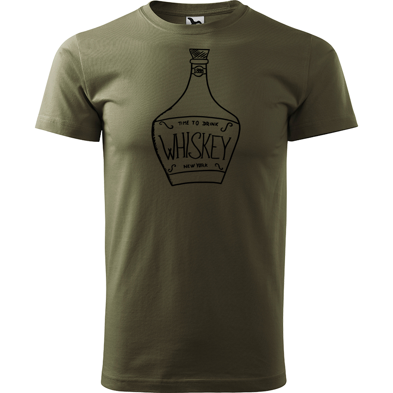Ručně malované pánské triko Heavy New - Whiskey Velikost trička: XS, Barva trička: ARMY, Barva motivu: ČERNÁ
