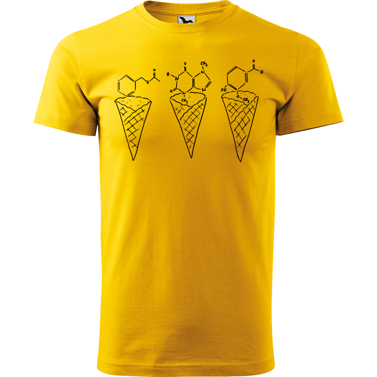 Ručně malované pánské triko Heavy New - Zmrzliny - Jahoda, čokoláda a vanilka Velikost trička: XS, Barva trička: ŽLUTÁ, Barva motivu: ČERNÁ