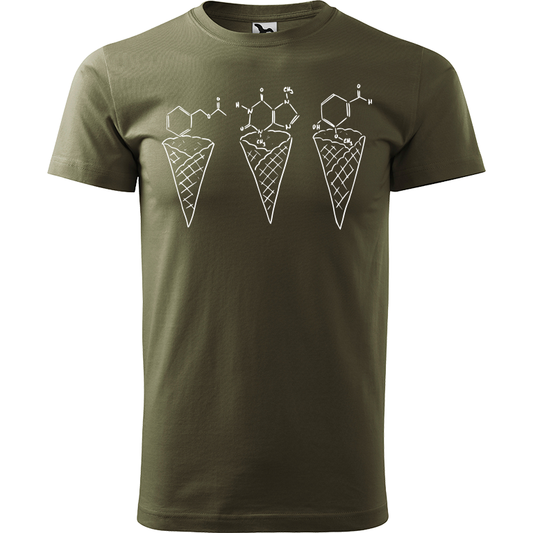 Ručně malované pánské triko Heavy New - Zmrzliny - Jahoda, čokoláda a vanilka Velikost trička: XL, Barva trička: ARMY, Barva motivu: BÍLÁ