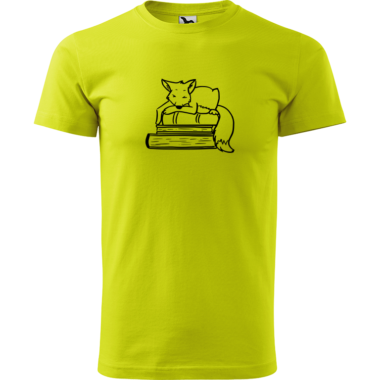 Ručně malované pánské triko Heavy New - Liška na knihách Velikost trička: XL, Barva trička: LIMETKOVÁ, Barva motivu: ČERNÁ