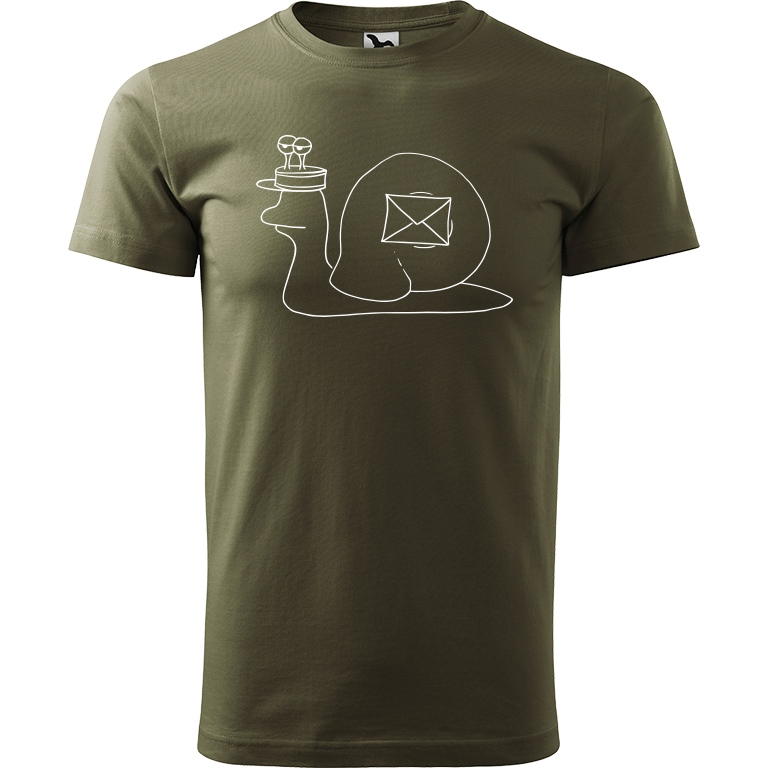Ručně malované pánské triko Heavy New - Poštovní šnek Velikost trička: XL, Barva trička: ARMY, Barva motivu: BÍLÁ