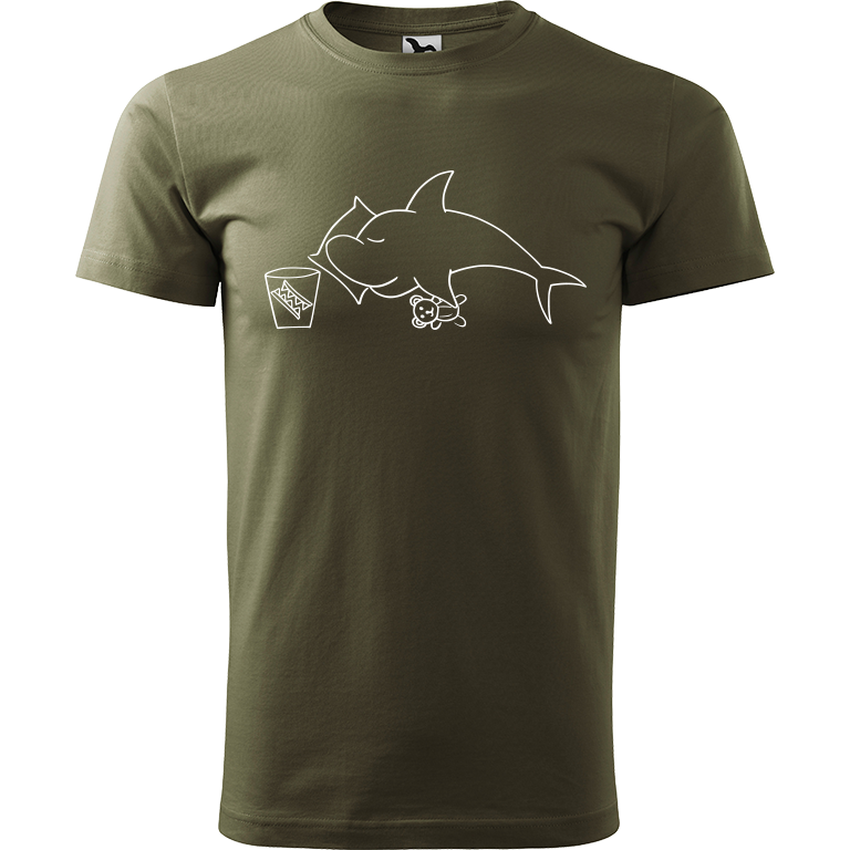 Ručně malované pánské triko Heavy New - Spící žralok Velikost trička: XL, Barva trička: ARMY, Barva motivu: BÍLÁ