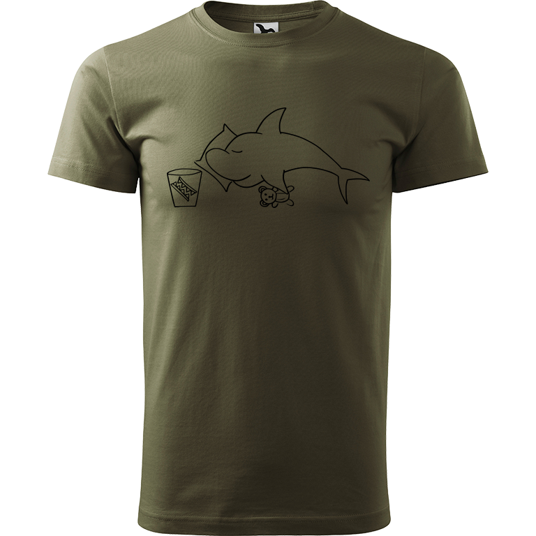 Ručně malované pánské triko Heavy New - Spící žralok Velikost trička: XL, Barva trička: ARMY, Barva motivu: ČERNÁ