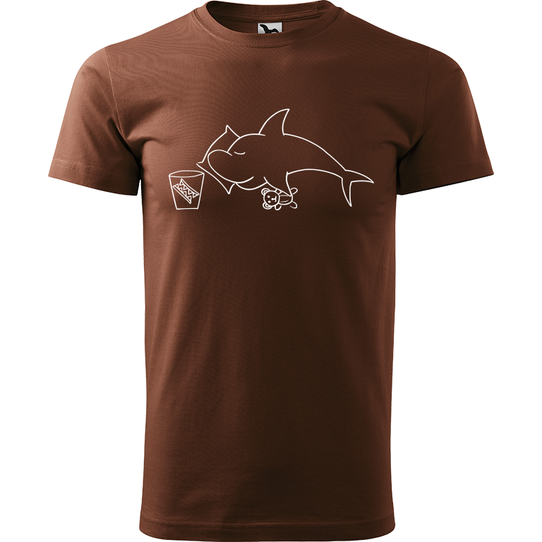 Ručně malované pánské triko Heavy New - Spící žralok Velikost trička: M, Barva trička: ČOKOLÁDOVÁ, Barva motivu: BÍLÁ
