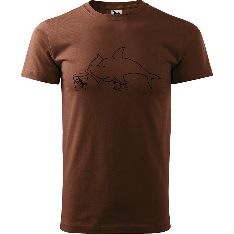 Ručně malované pánské triko Heavy New - Spící žralok Velikost trička: M, Barva trička: ČOKOLÁDOVÁ, Barva motivu: ČERNÁ