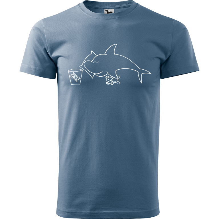 Ručně malované pánské triko Heavy New - Spící žralok Velikost trička: XS, Barva trička: DENIM, Barva motivu: BÍLÁ