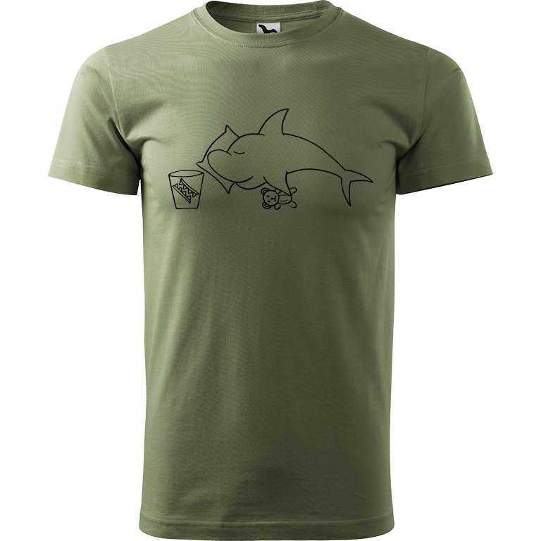 Ručně malované pánské triko Heavy New - Spící žralok Velikost trička: XXL, Barva trička: KHAKI, Barva motivu: ČERNÁ