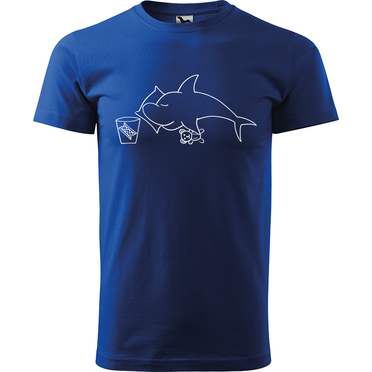 Ručně malované pánské triko Heavy New - Spící žralok Velikost trička: XL, Barva trička: MODRÁ, Barva motivu: BÍLÁ