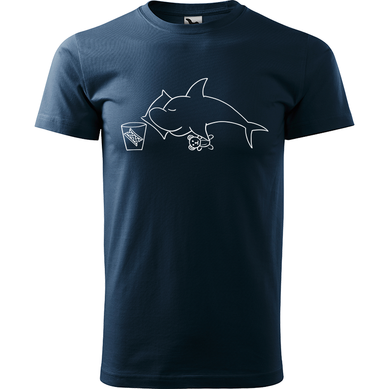 Ručně malované pánské triko Heavy New - Spící žralok Velikost trička: XL, Barva trička: NÁMOŘNICKÁ MODRÁ, Barva motivu: BÍLÁ