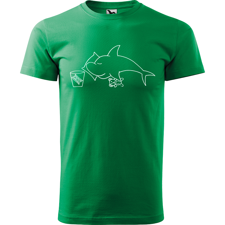 Ručně malované pánské triko Heavy New - Spící žralok Velikost trička: M, Barva trička: STŘEDNĚ ZELENÁ, Barva motivu: BÍLÁ