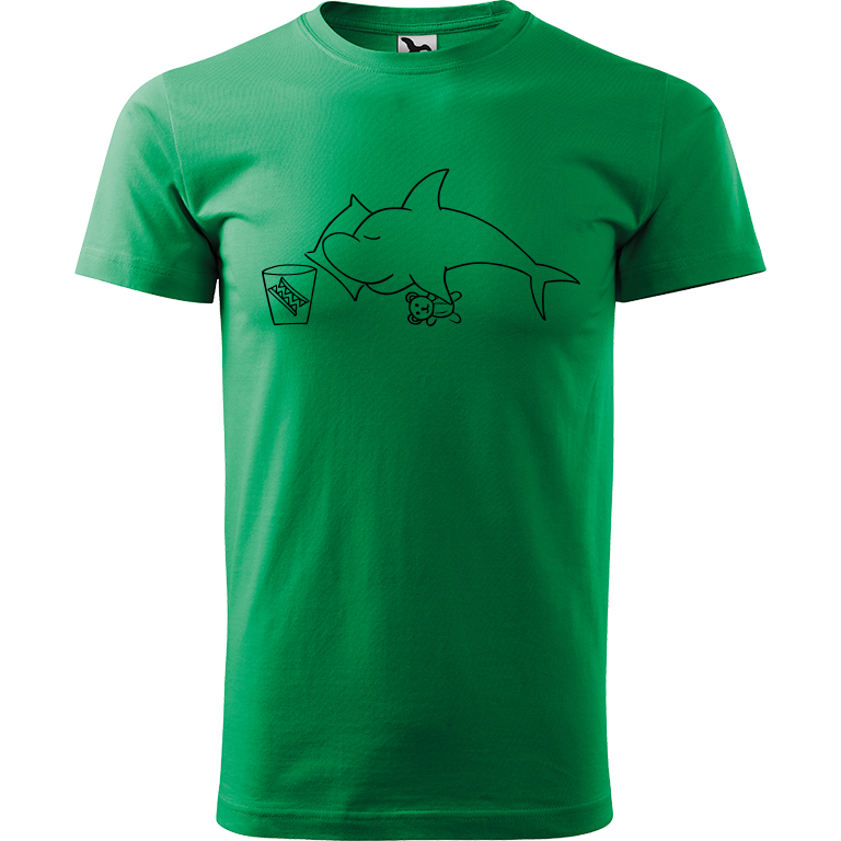 Ručně malované pánské triko Heavy New - Spící žralok Velikost trička: M, Barva trička: STŘEDNĚ ZELENÁ, Barva motivu: ČERNÁ