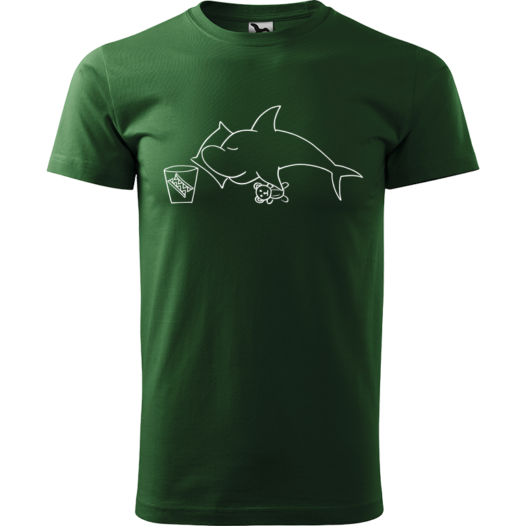 Ručně malované pánské triko Heavy New - Spící žralok Velikost trička: S, Barva trička: TMAVĚ ZELENÁ, Barva motivu: BÍLÁ