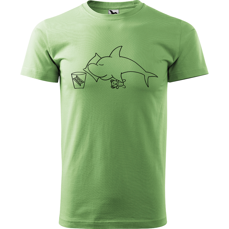 Ručně malované pánské triko Heavy New - Spící žralok Velikost trička: S, Barva trička: TRÁVOVĚ ZELENÁ, Barva motivu: ČERNÁ