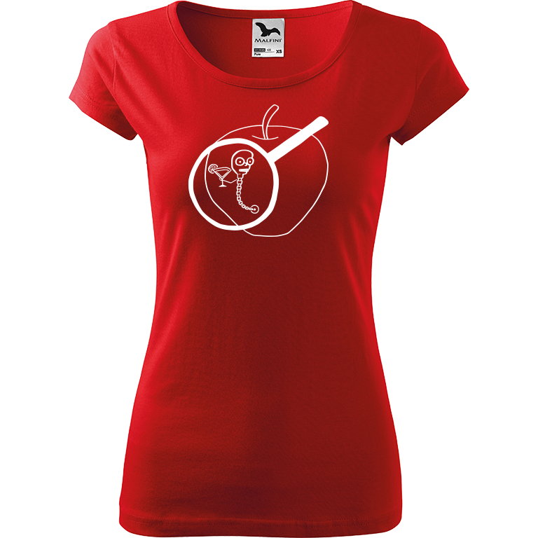Ručně malované dámské triko Pure - Červ na jablku Velikost trička: XXL, Barva trička: ČERVENÁ, Barva motivu: BÍLÁ