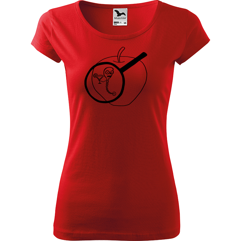 Ručně malované dámské triko Pure - Červ na jablku Velikost trička: XXL, Barva trička: ČERVENÁ, Barva motivu: ČERNÁ